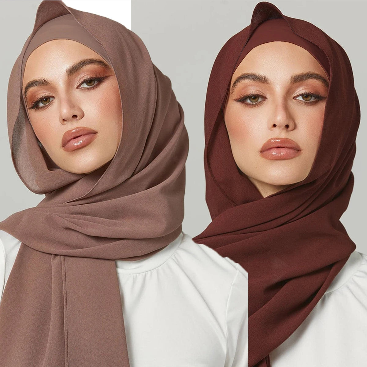 Model wearing a brown chiffon hijab and undercap set, shown in a close-up portrait.