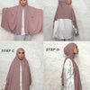 Quatre étapes montrant comment porter un foulard instant en jersey extensible couleur rose poudré