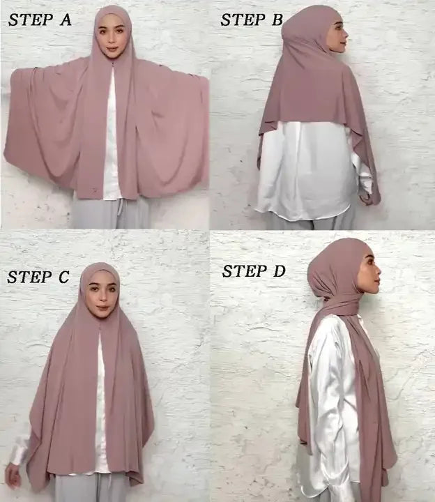 Quatre étapes montrant comment porter un foulard instant en jersey extensible couleur rose poudré