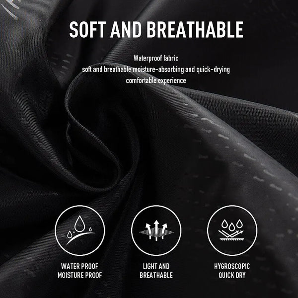 Black fabric texture showing features like waterproof moisture-absorbing and quick-drying properties