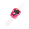 A pink finger counter with a decorative gem setting and clear plastic strap.