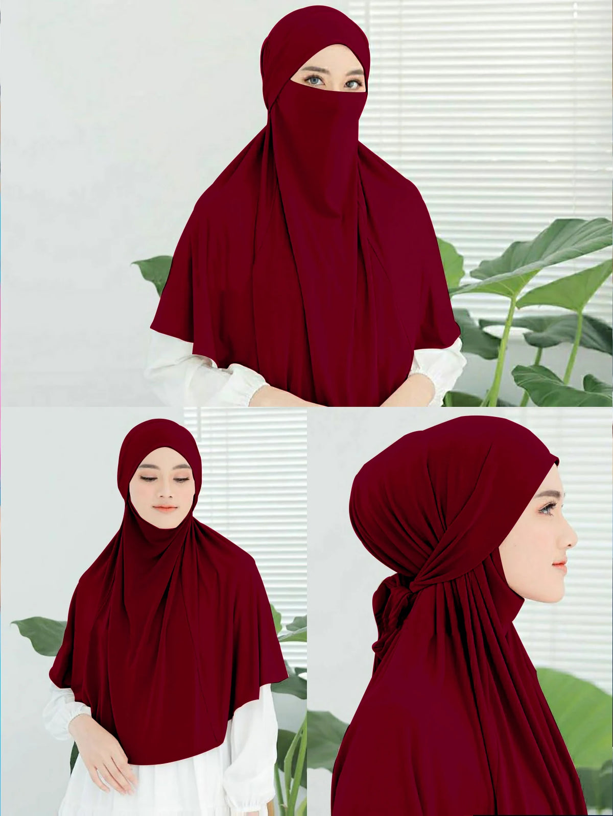 Eine Frau trägt einen tiefmaronen Instant-Turban-Hijab mit weißen Ärmeln und einem passenden Rock, gezeigt in drei verschiede