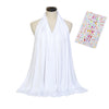 White soft modal jersey hijab scarf draped on a mannequin with a colorful grid of fabric swatches nearby