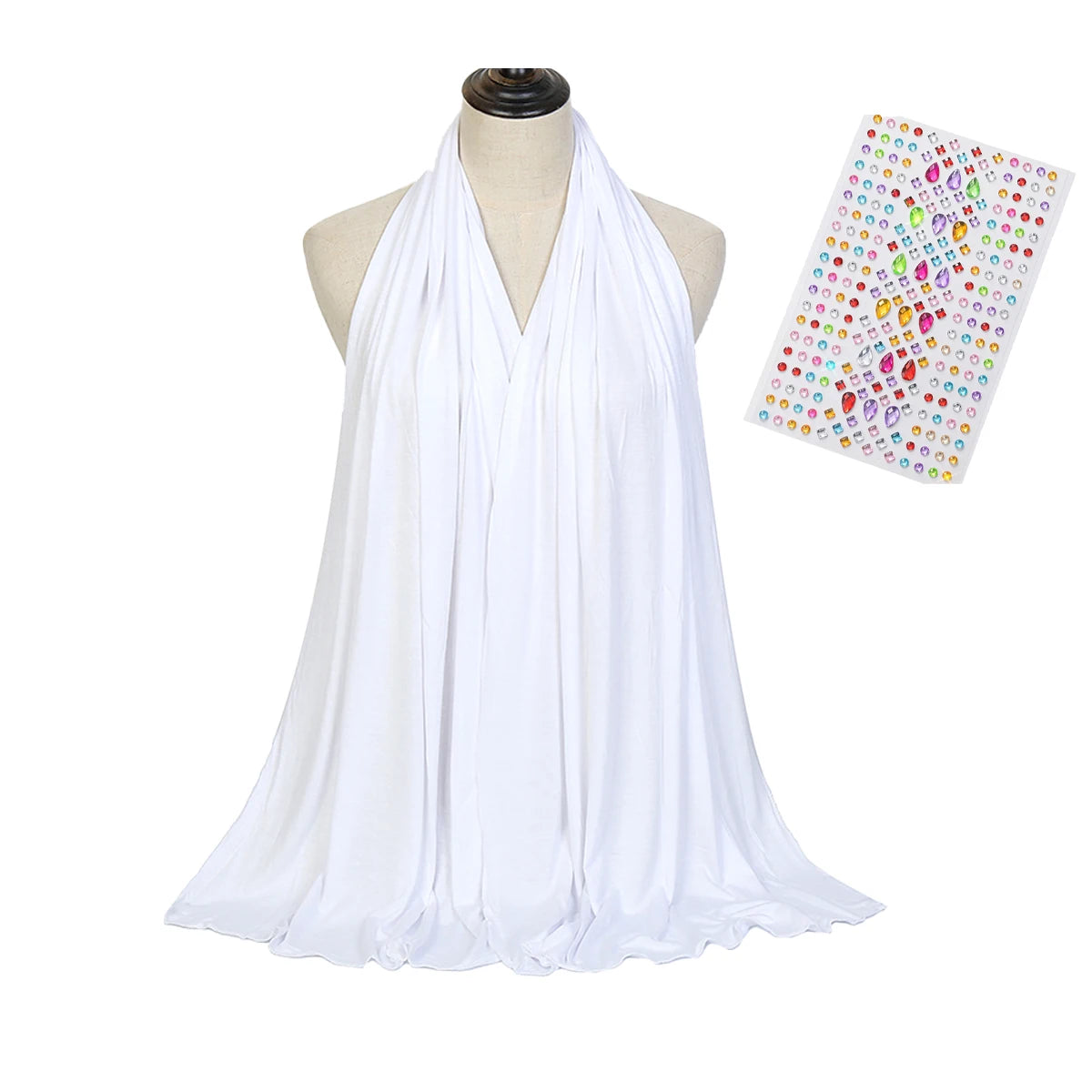 White soft modal jersey hijab scarf draped on a mannequin with a colorful grid of fabric swatches nearby