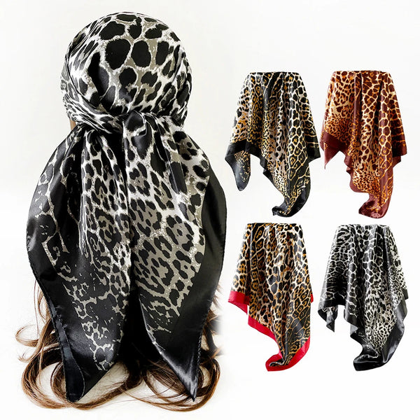 A set of leopard print silk square scarves in black and brown patterns shown flat and draped on a model's hair.