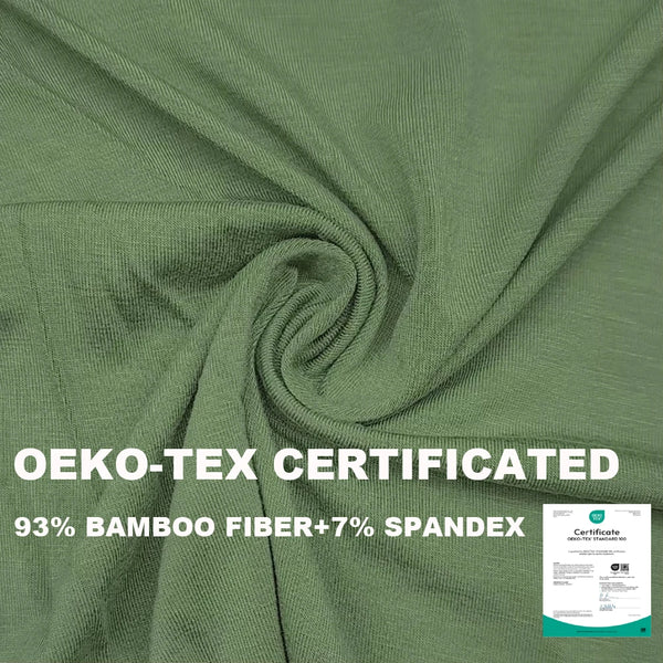 Close-up of a draped olive green fabric made from 93% bamboo fiber and 7% spandex.