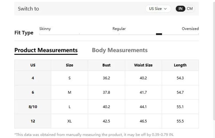 Tabla de tallas que muestra las medidas para una bata batwing, incluyendo tallas US e IN.