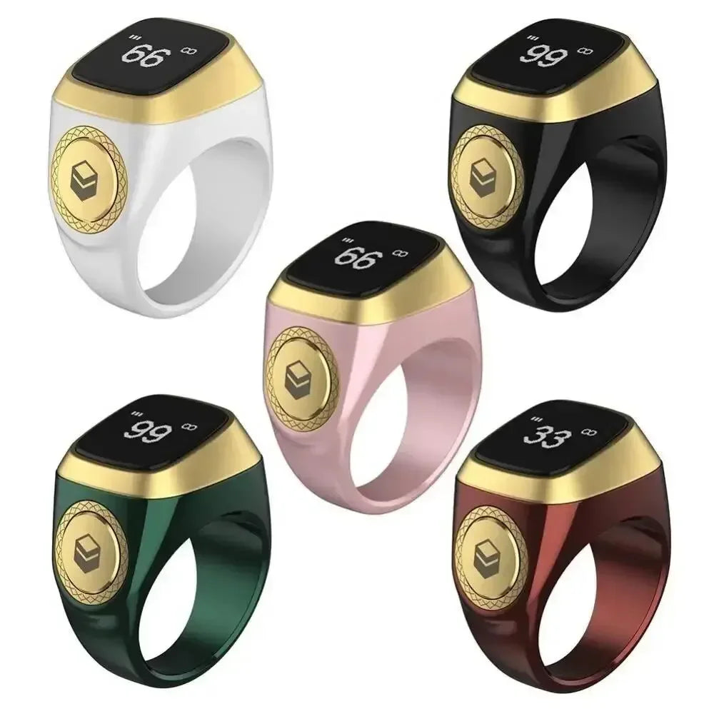 Eine Sammlung digitaler Tasbih-Zähler in verschiedenen Farben, darunter schwarz, silber, pink und kupfer.