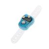 A colorful finger counter watch with a blue face and crystal-like accents on a white strap.