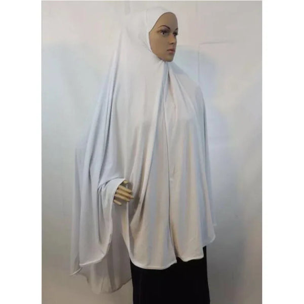 A white oversize jersey hijab scarf draped over a mannequin's head and shoulders.