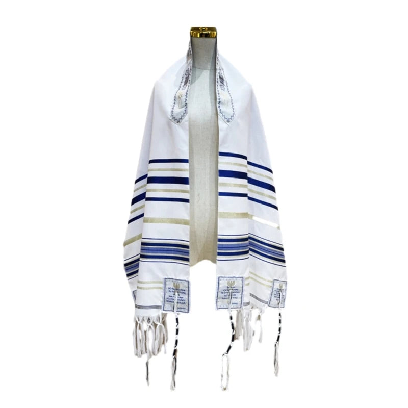 Handgefertigtes Messianisches Gebetsschal in weiß-blauen Streifen auf einem Mannequin.