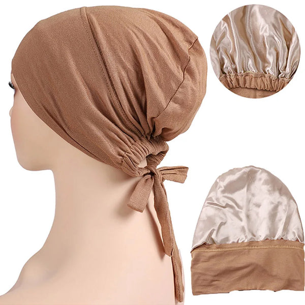 A brown double layer satin hijab cap instant head covering shown on a mannequin with a separate view of the fabric.