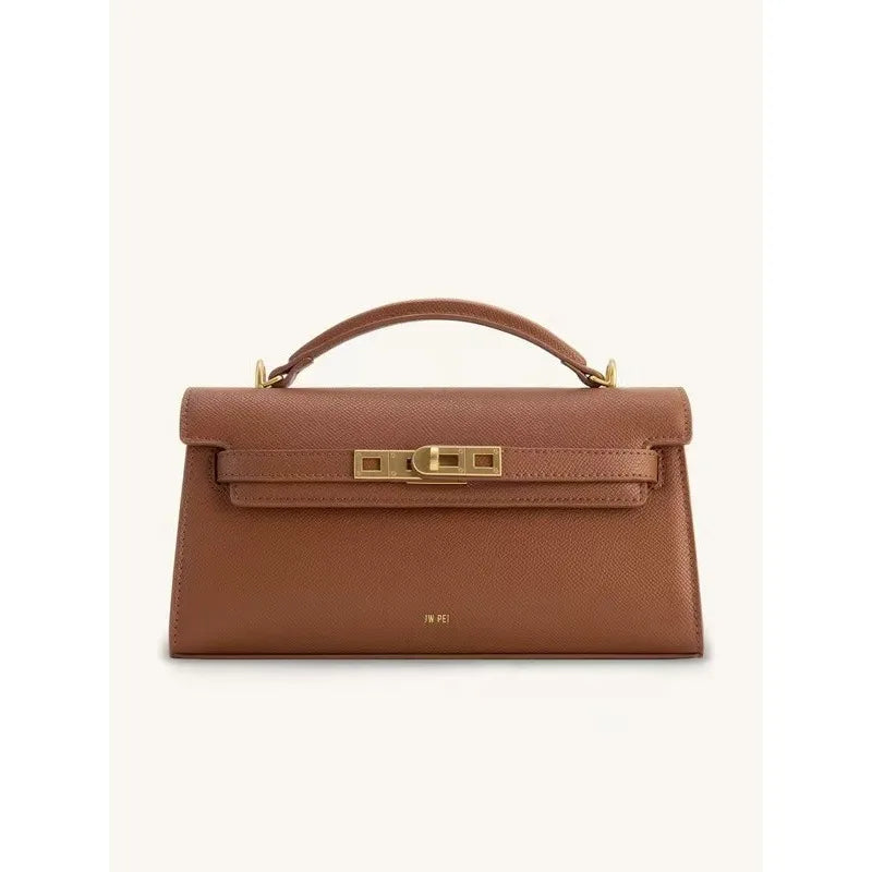 A brown leather shoulder bag with a flap closure and gold hardware.