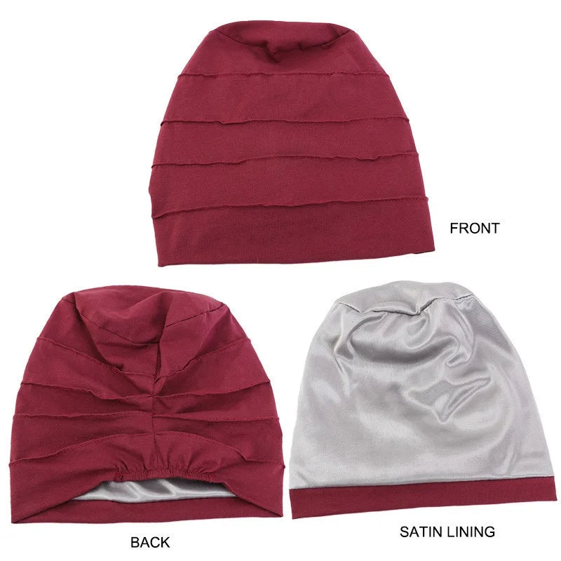 Marooner Stretch-Baumwoll-Beanie Turbanhut von vorne und hinten, mit Satinfutter.