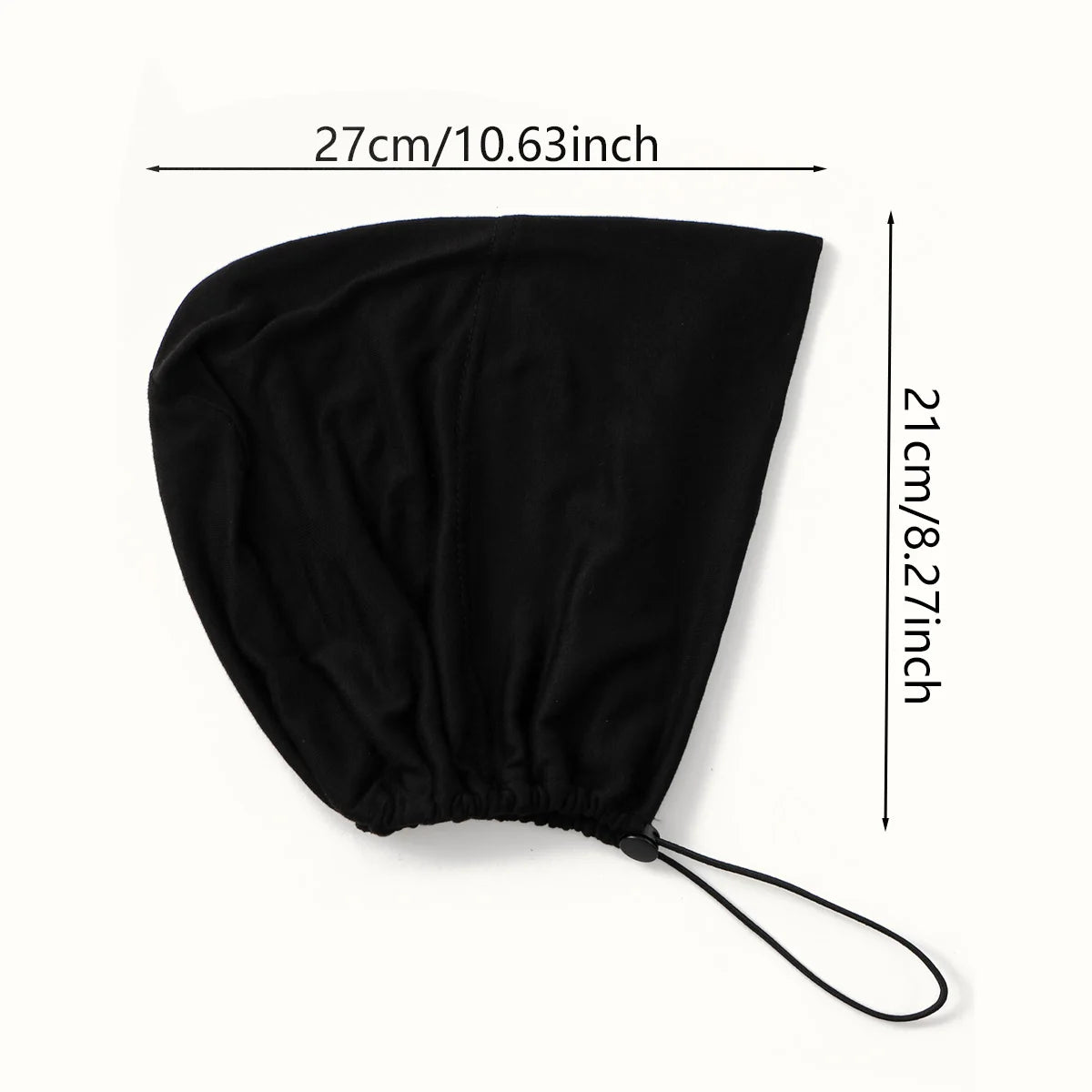 Black adjustable modal hijab cap shown flat with dimensions 27cm/10.63inch