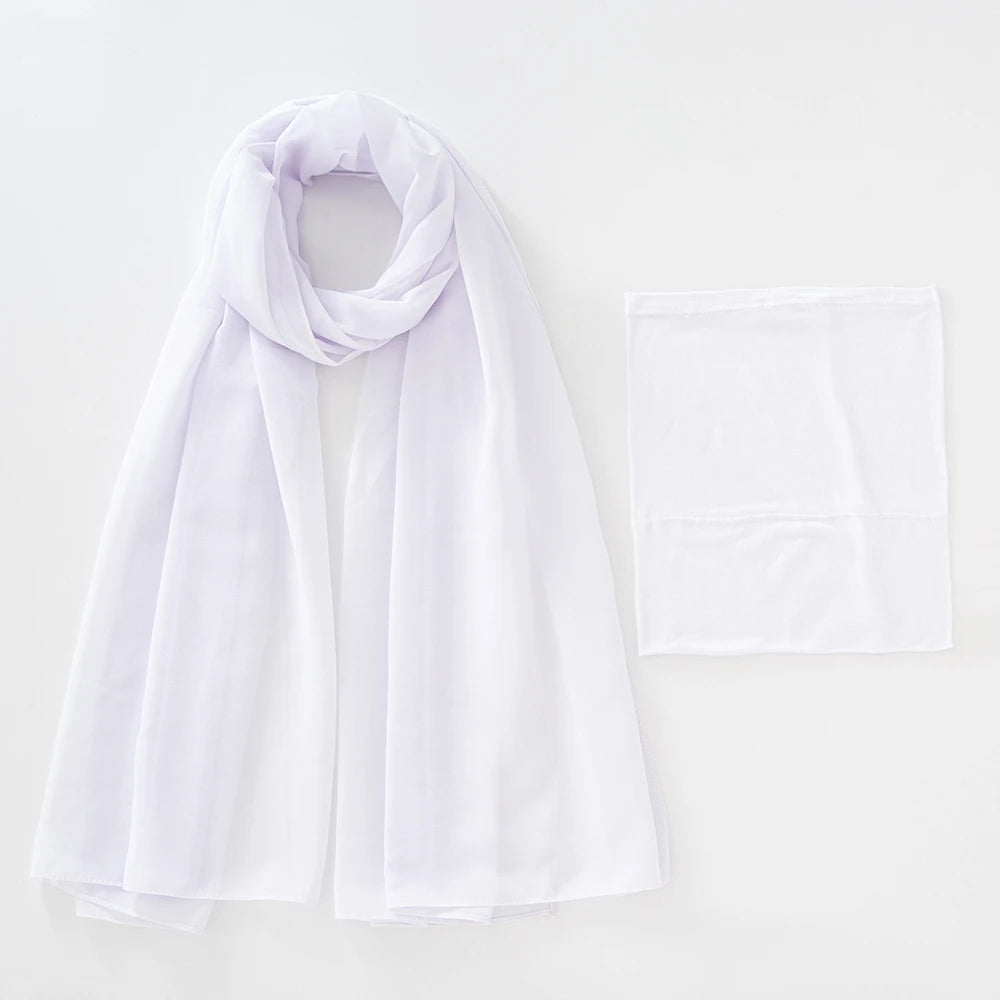 A white chiffon hijab and undercap set displayed flat.
