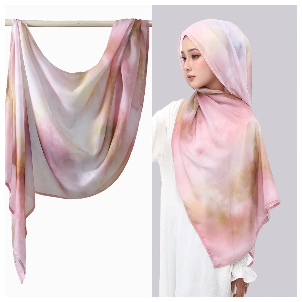 Rosa Aquarell-Ombré-Hijab-Schal aus Rayon-Modal, aufgehängt und getragen