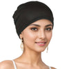 A woman wearing a black breathable cotton underscarf with an elastic fit