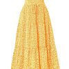 Falda midi A-line bohemia amarilla floral con volantes escalonados.
