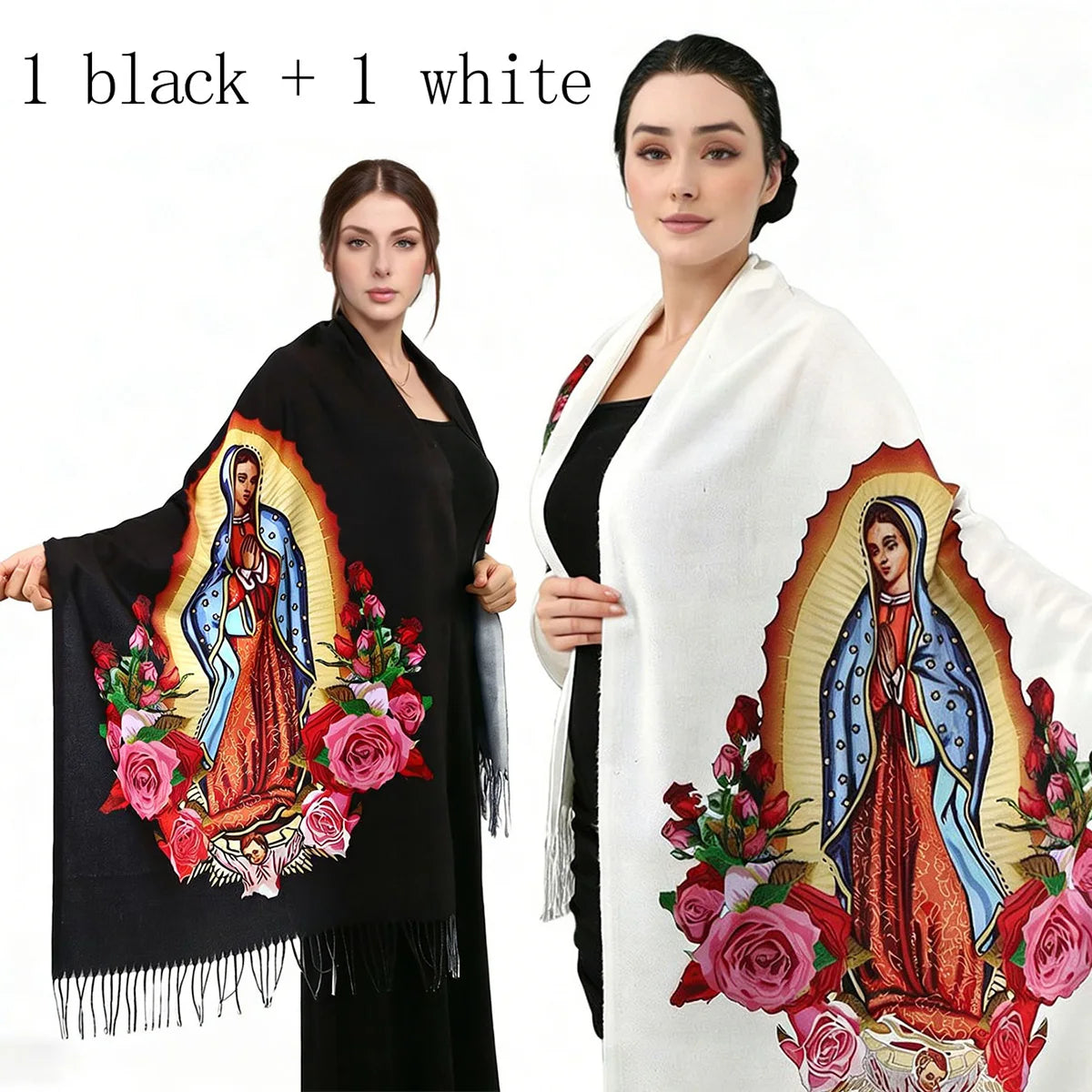 Una mujer modela una bufanda personalizada impresa de Virgen de Guadalupe negra y una blanca.