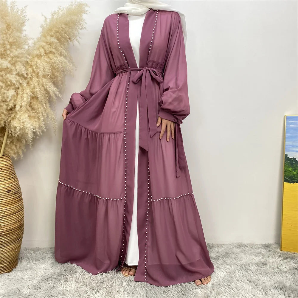 Cardigan abaya de cuentas malva con mangas largas y cintura atada