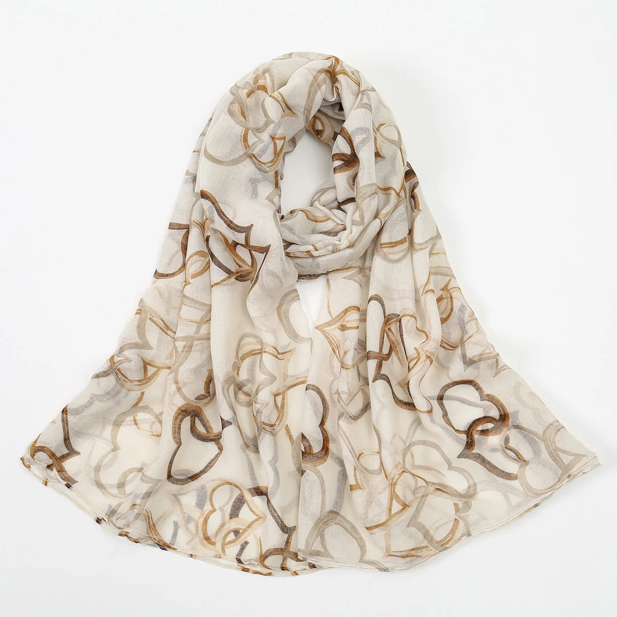 Fließender beig-brauner floraler Viskose-Hijabschal elegant drapiert.