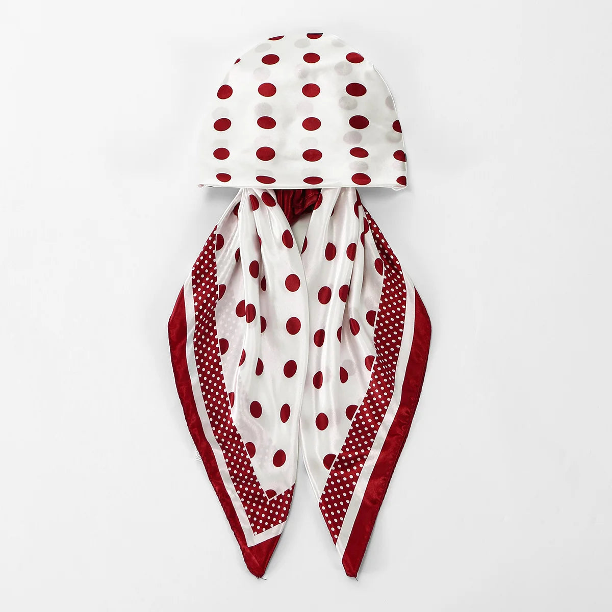 Elegant satin silk instant hijab scarf with white fabric and red polka dots