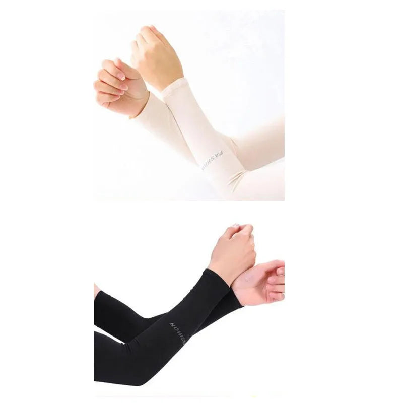 A person is shown wearing black cooling UV protection arm sleeves on their forearm.