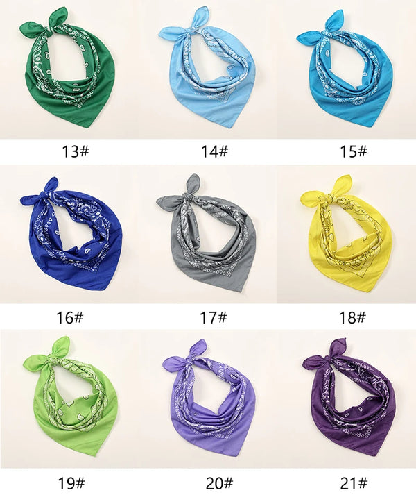 A collection of twenty-one fashion cotton head scarves or bandana designs in various shades of green, blue, yellow, and purpl