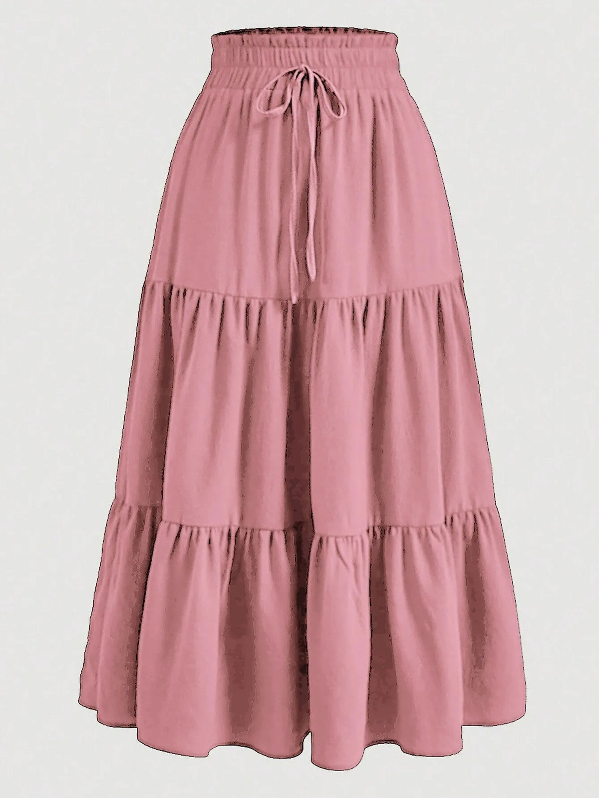 Falda midi a la moda bohemia color rosa empolvado con cintura fruncida y volante escalonado.