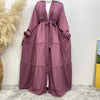 Cardigan abaya larga y fluida color malva con cuello en V y cintura atada, con delicados bordados de cuentas.