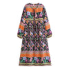Langes, langärmeliges Boho-Maxikleid mit lebhaften Pink-, Orange- und Grüntönen