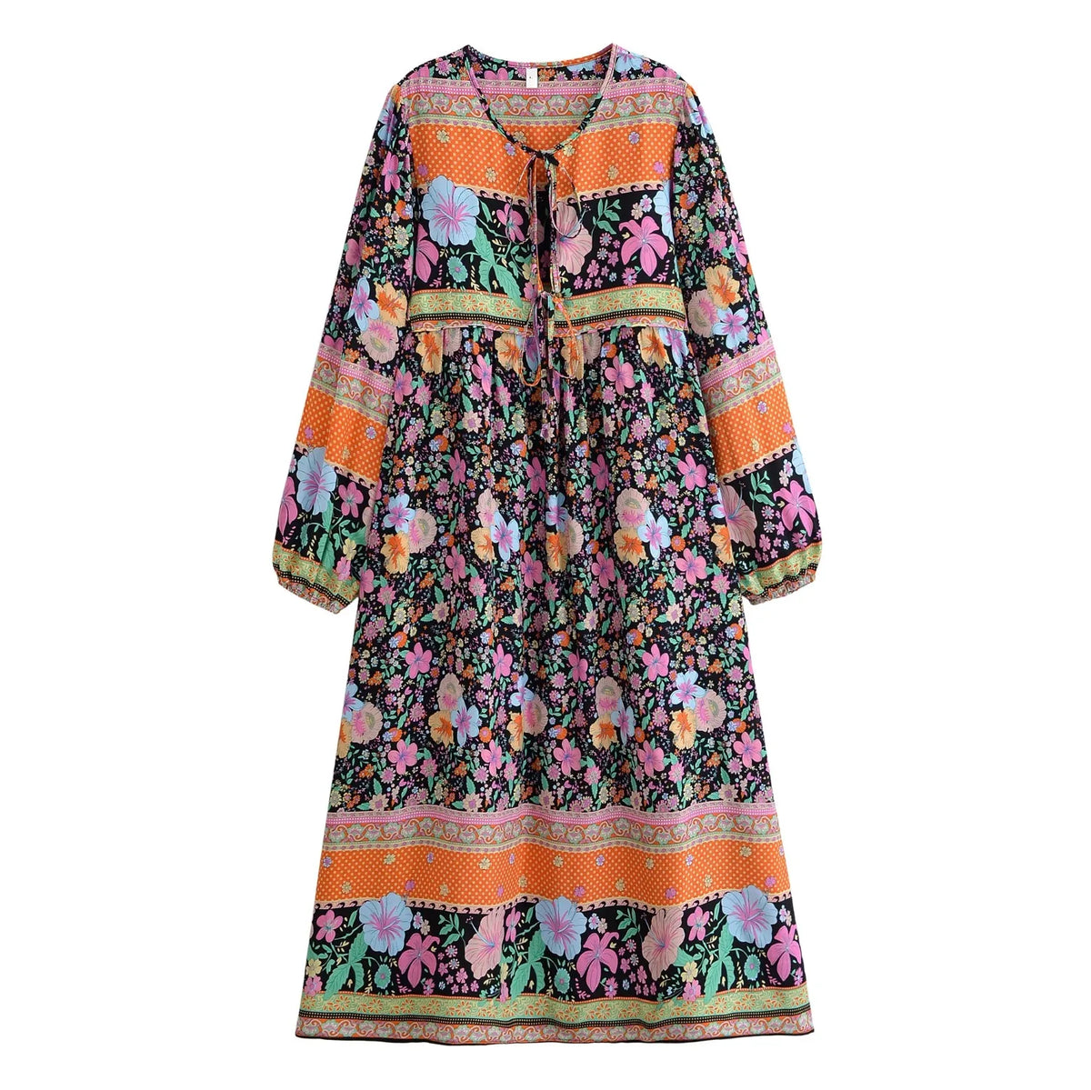 Langes, langärmeliges Boho-Maxikleid mit lebhaften Pink-, Orange- und Grüntönen