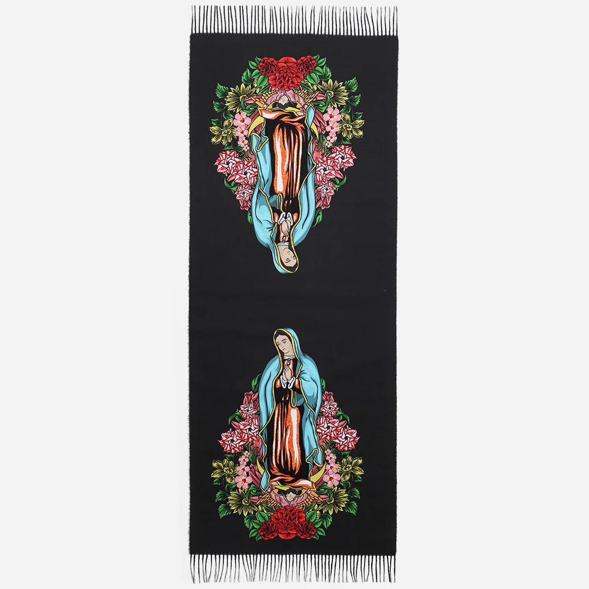 Pañuelo de tela oscura con estampado personalizado de la Virgen de Guadalupe y elementos florales.