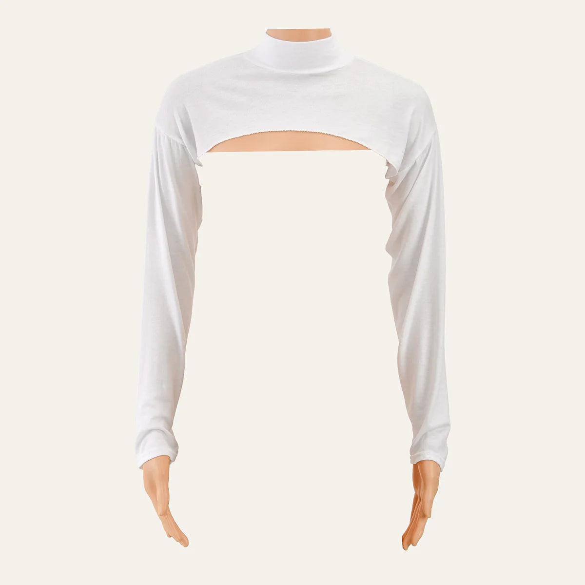 Weißes elastisches Modal-Jersey-Oberteil mit Langarm-Schultertop, als Flachaufnahme dargestellt