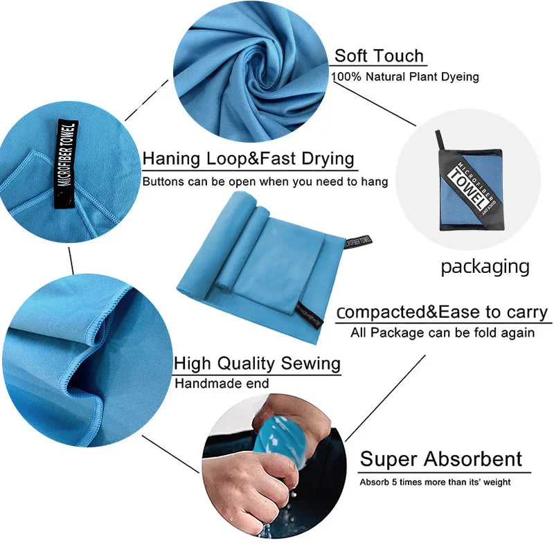 Serviette de voyage en microfibre bleue, offrant douceur, séchage rapide, couture de qualité et super absorption.