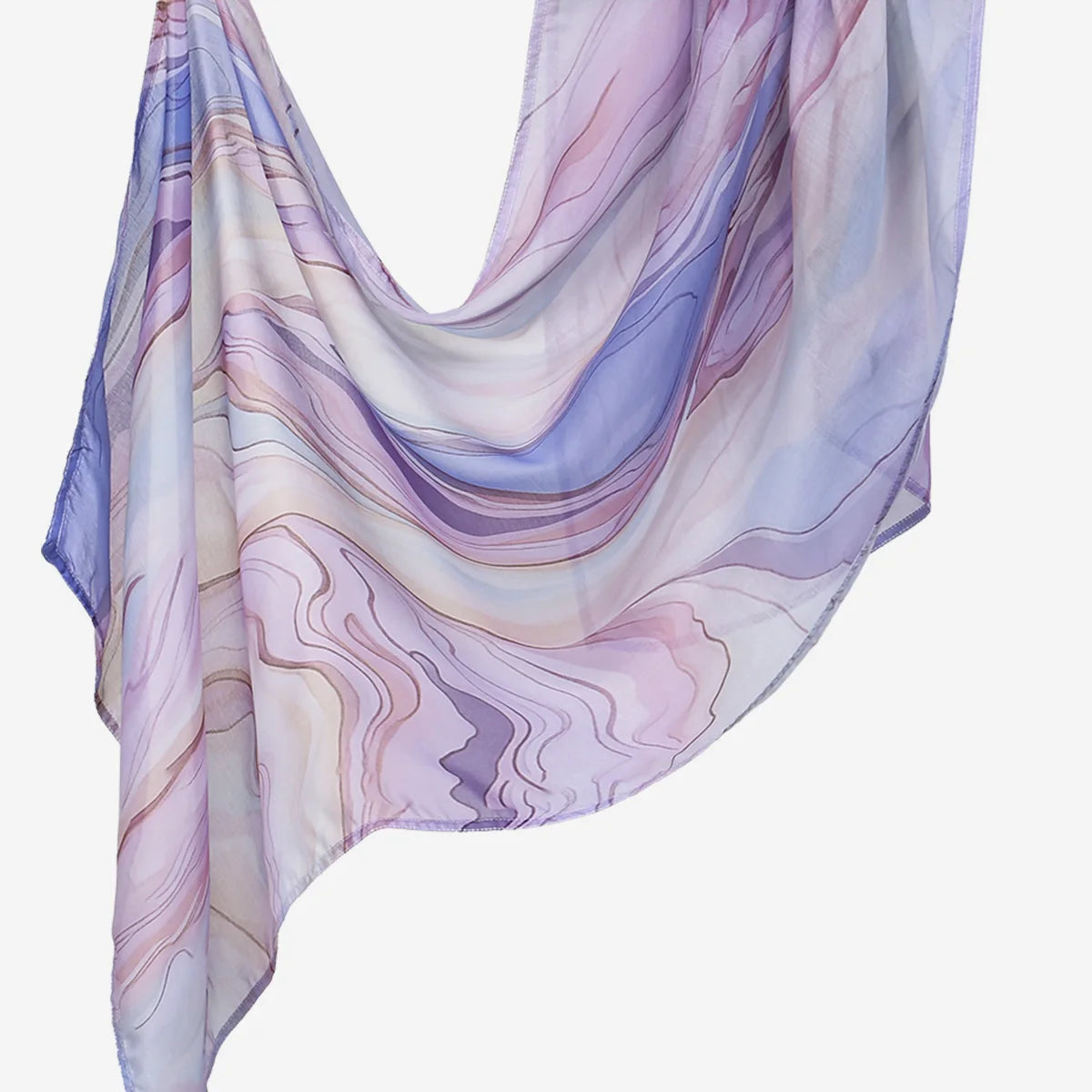 Fließender Aquarelldruck-Leinen-Baumwollschal mit sanften violetten und rosa marmorierten Mustern.