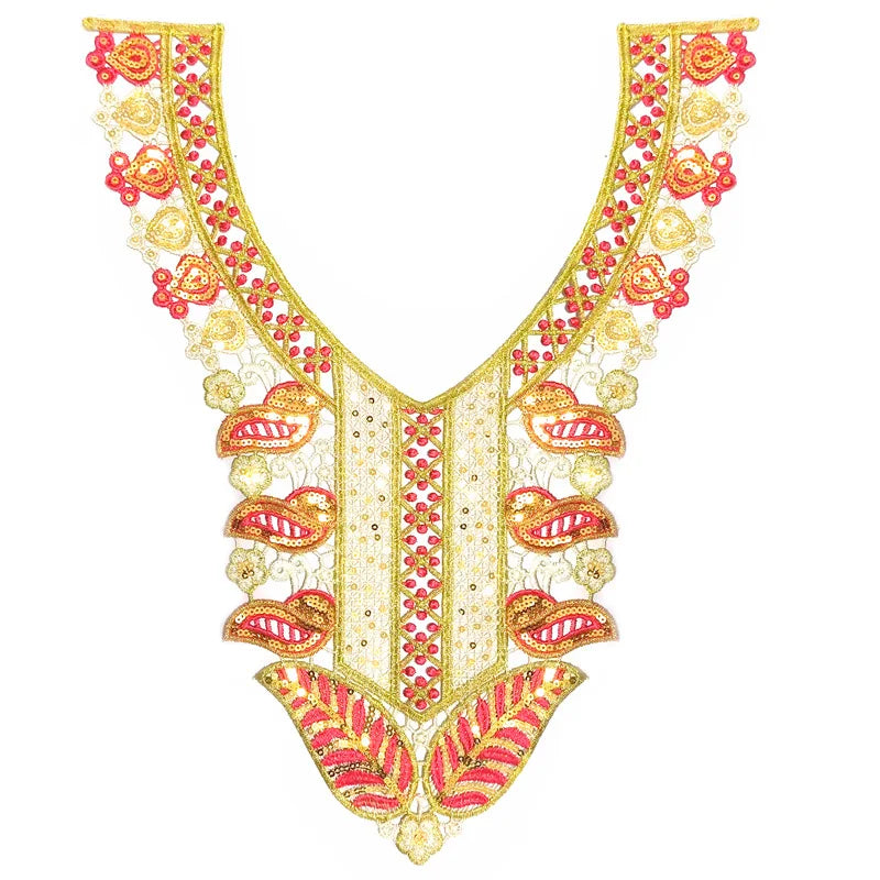 Parche de collar bordado con cuentas hecho a mano, con intrincados patrones florales rojos y dorados