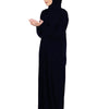 Una mujer vistiendo una elegante caftán de abaya islámica azul marino con cuello alto y mangas largas.