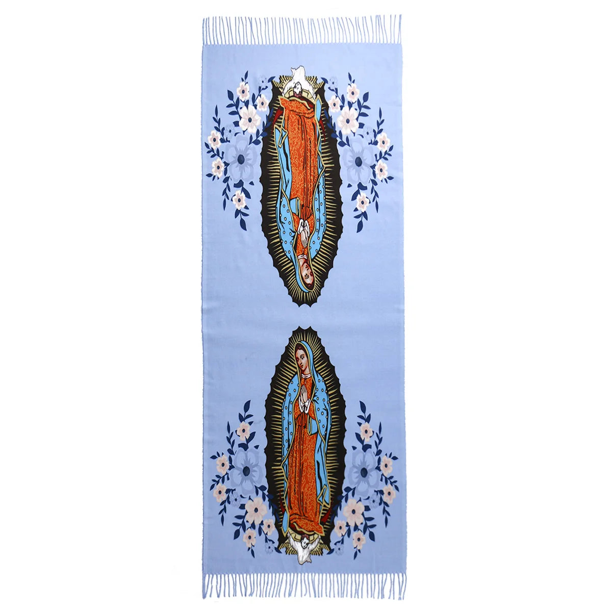 Una bufanda azul claro con un estampado personalizado de la Virgen María Guadalupe con detalles florales.