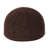 A dark brown knitted prayer hat or kufi with a textured, ribbed surface.