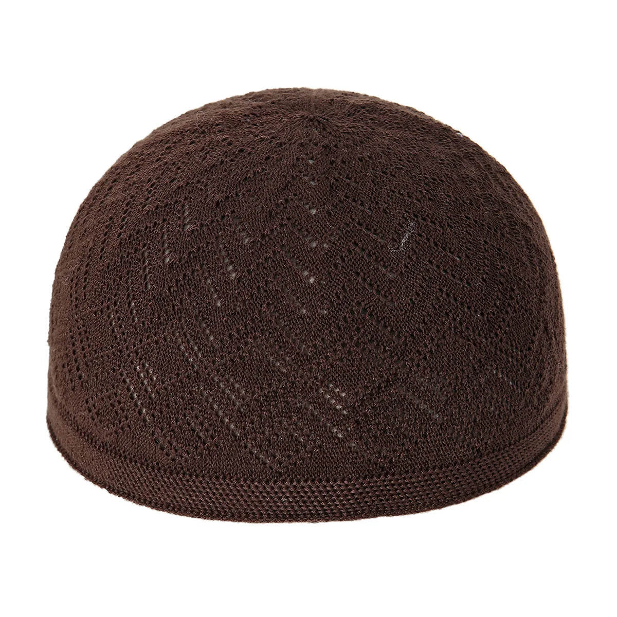 A dark brown knitted prayer hat or kufi with a textured, ribbed surface.