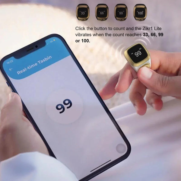 A hand holds a smartphone displaying a count of 99, with a digital counter device nearby.