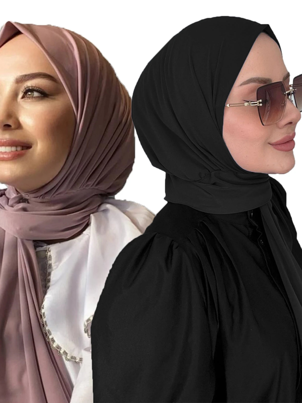 Una mujer vistiendo un hiyab malva y ropa negra con gafas de sol