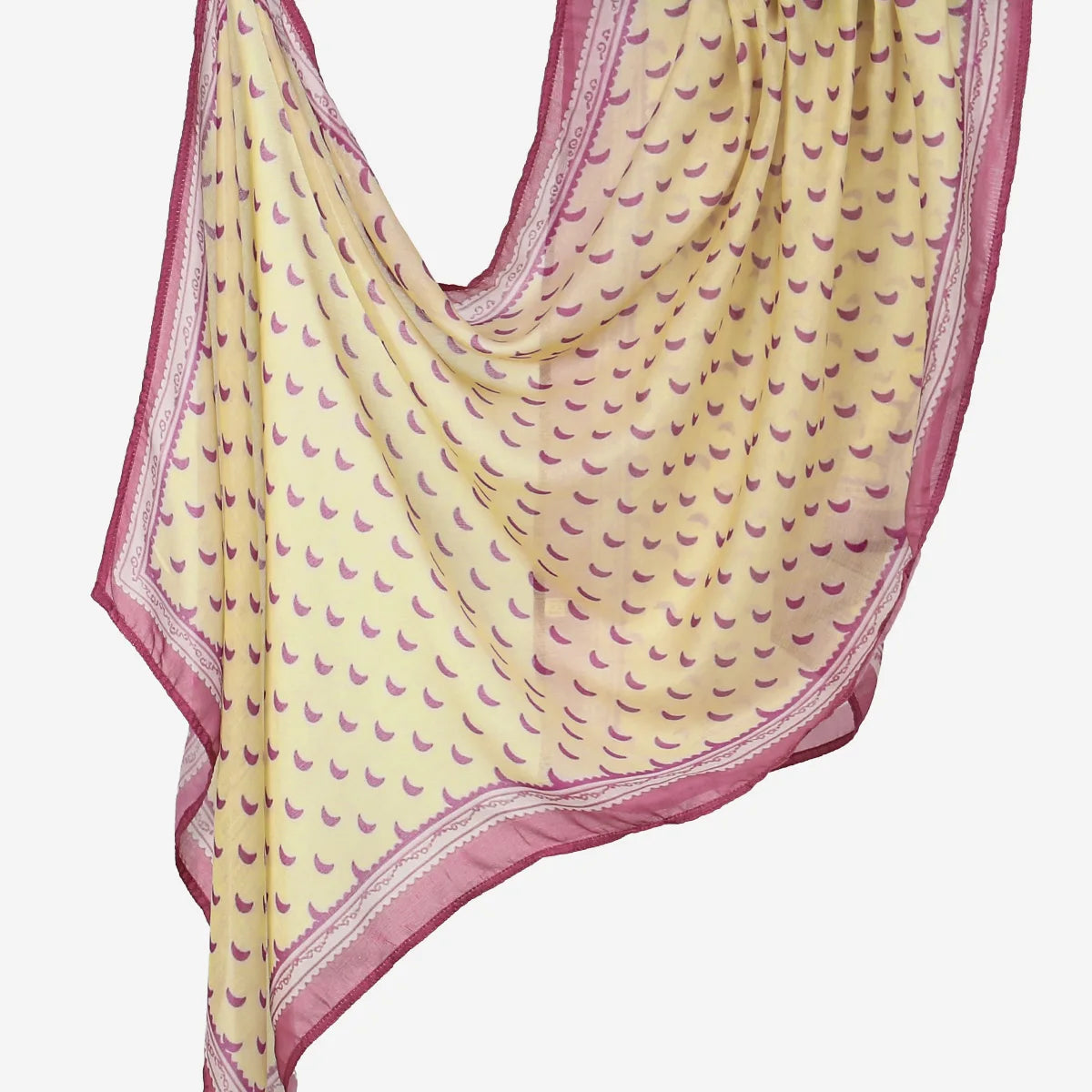 Helles gelbes Aquarell-Linen-Baumwoll-Islamisches Schal mit rosa Bordüren und wiederkehrendem Muster.