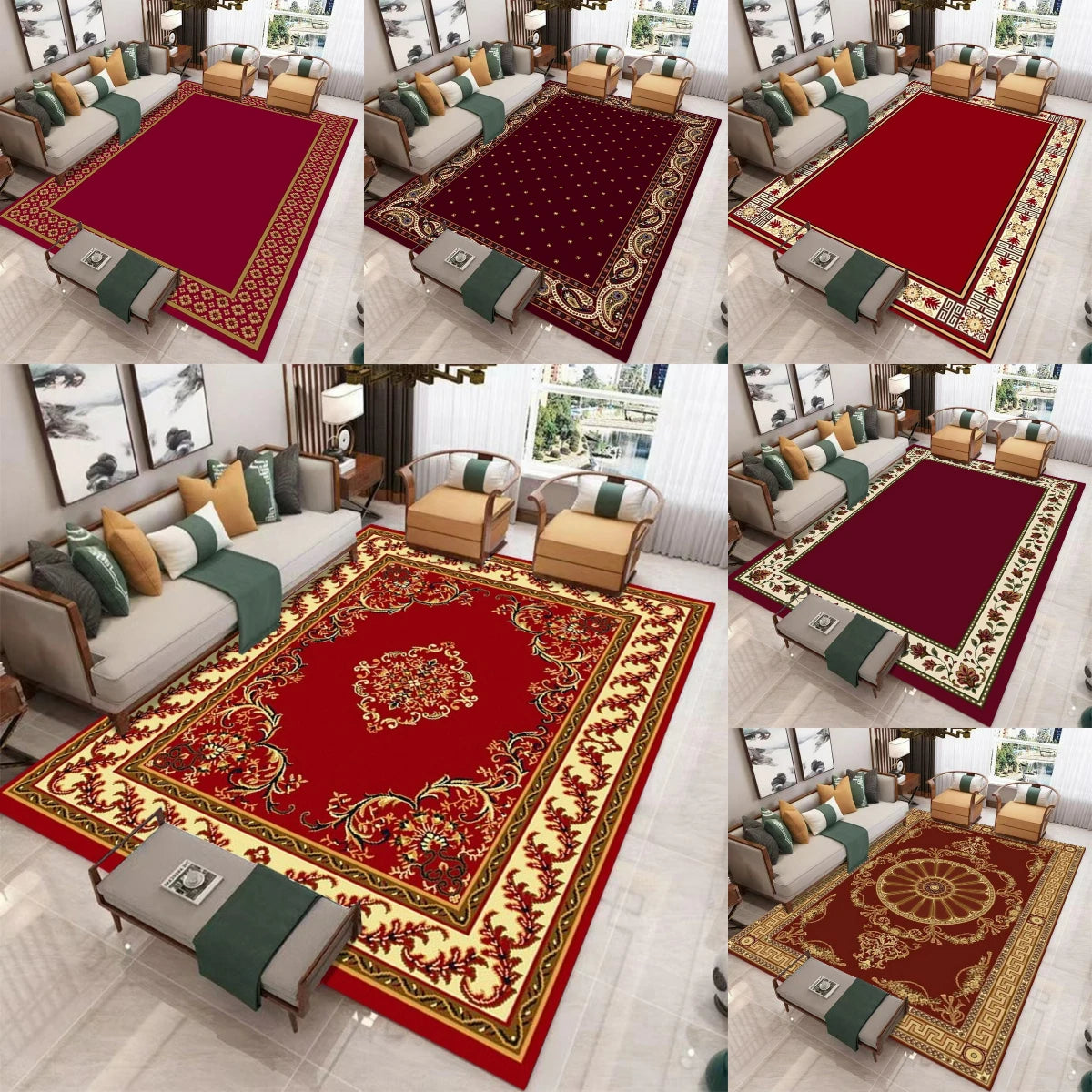 Colección de alfombras de área rojas y estampadas con diseños tradicionales inspirados en persa, en varios tamaños y colores.