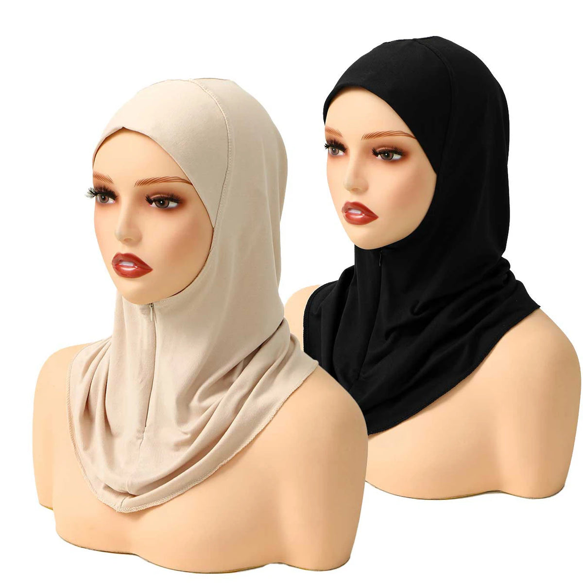 Beige und schwarze Instant-Fold-Hijabs auf Mannequins ausgestellt.