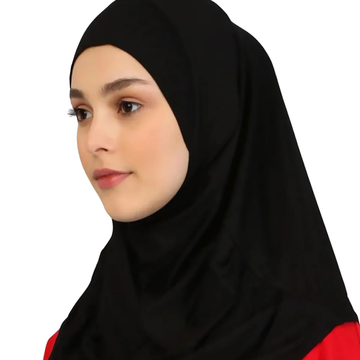 Eine Frau trägt einen schwarzen, sofort einsatzbereiten Hijab mit rotem Rand.