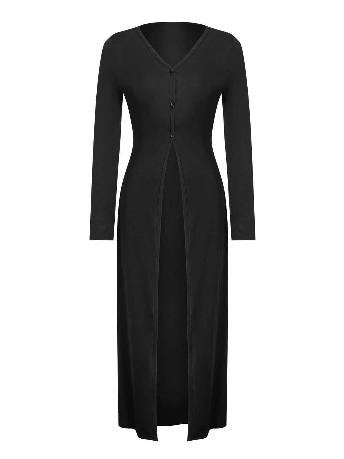 Schwarzer langärmeliger Strick-Maxi-Cardigan mit V-Ausschnitt und Seitenscheitel
