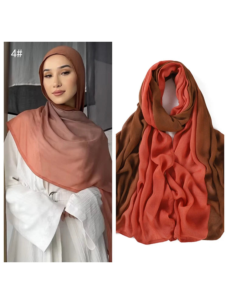 Model wearing a terracotta-colored Ramanda bamboo modal rayon scarf hijab